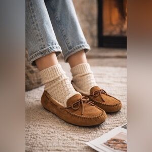 UGG Chestnut Shearling Moccasins Women’s 8 Suede Cozy Slippers